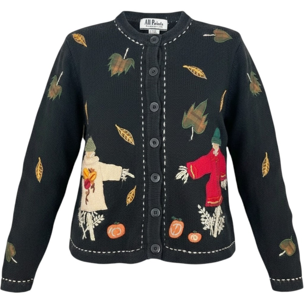 Vintage All Points Cardigan Womens M Black Ramie Cotton Scarecrow Fall Halloween